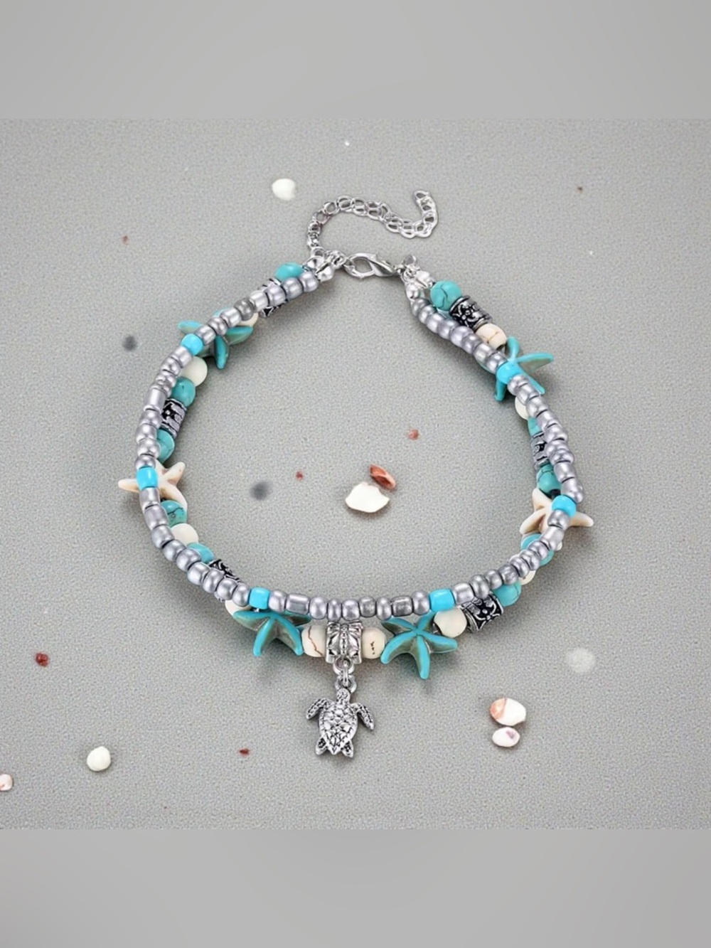 🩶Turquoise & Cream Starfish Layered Anklet with Turtle Charm/NIP🩶